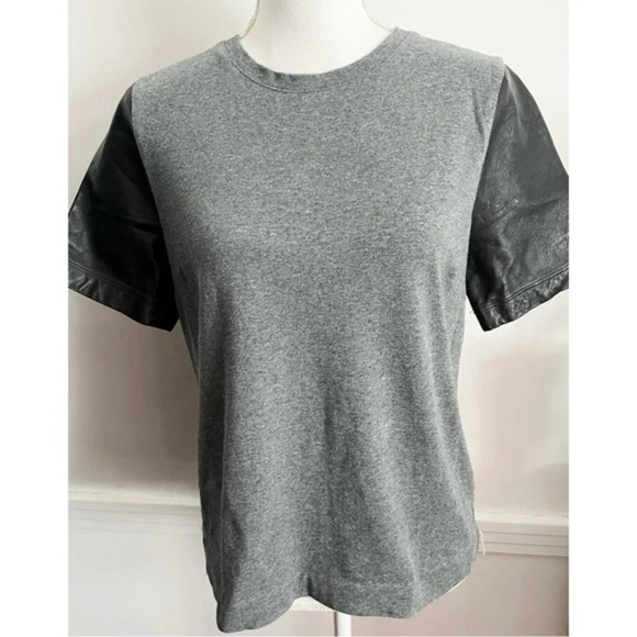 J. Crew • Grey Black Leather Sleeves Blouse - Picture 1 of 5